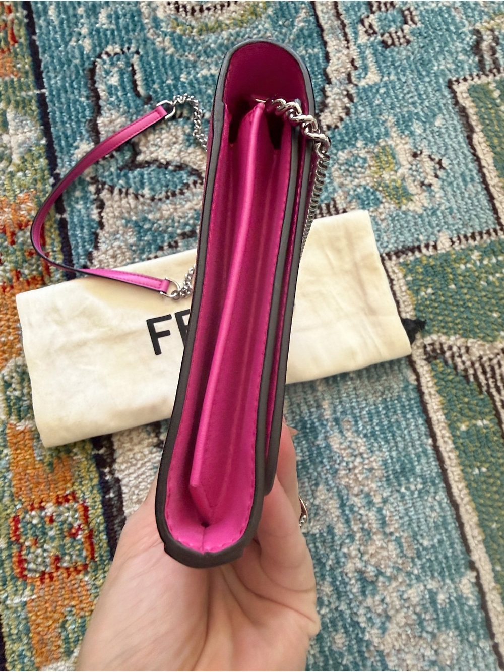 SOLD❗️FENDI Calfskin F is Fendi Kan I WOC chain crossbody bag fuchsia pink - Picture 6 of 11